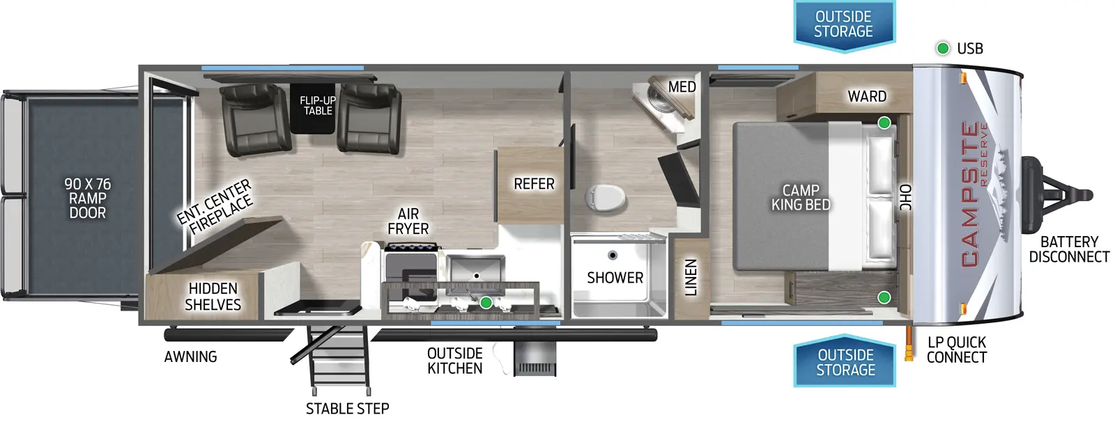 The Campsite Reserve 23TS floorplan is a toy hauler that has one entry and zero slide outs. Exterior features include: metal exterior, 15' awning and outside kitchen. Interiors features include: front bedroom and pass through bathroom.